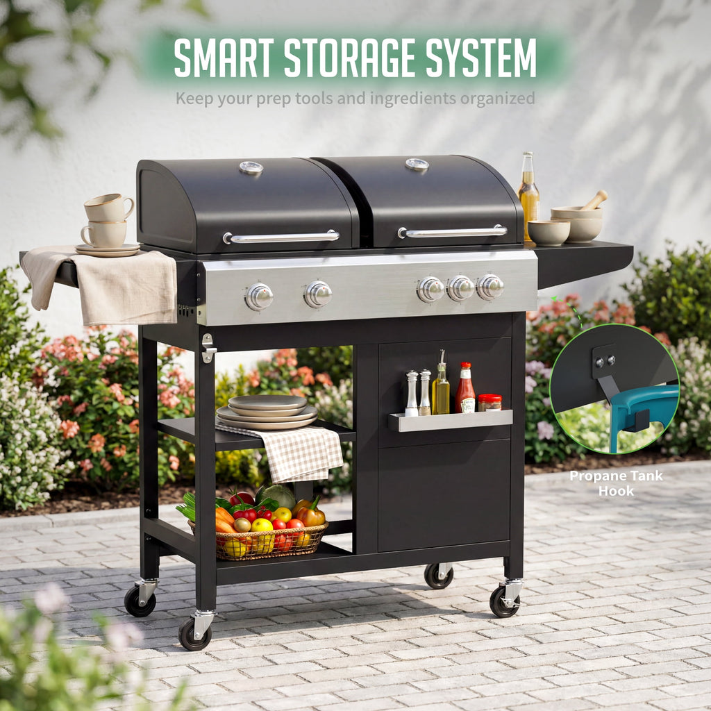 5-Burner Propane Gas Grill and Griddle Combo, 54,000 BTU Dual Fuel BBQ Grill with Side Burner for Backyard, Patio Outdoor Cooking & Entertaining