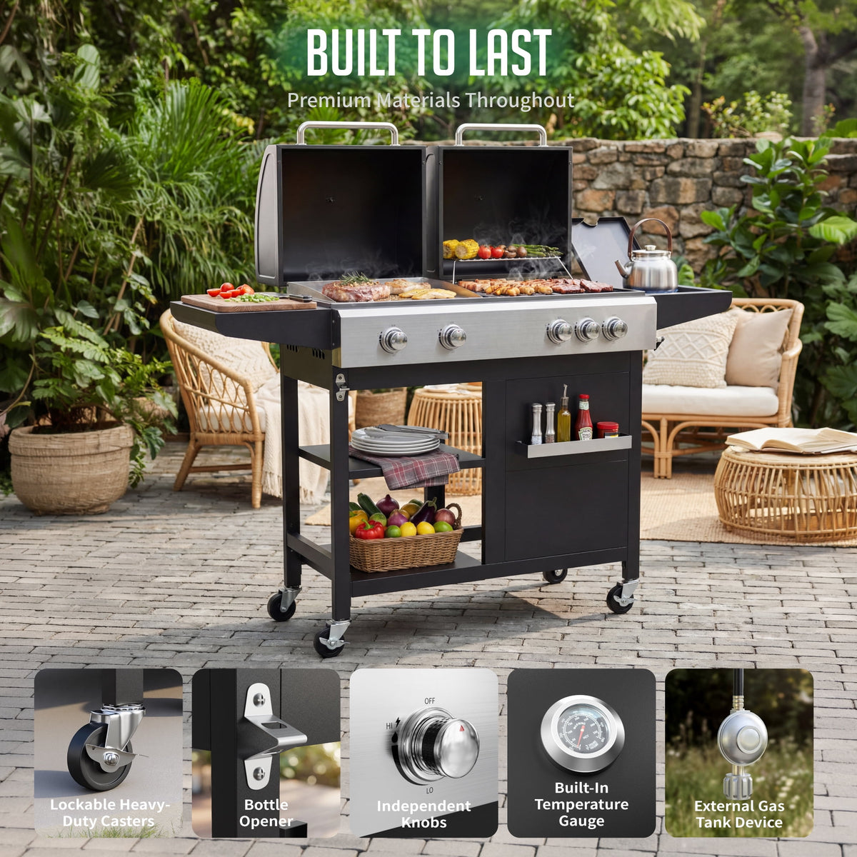 5-Burner Propane Gas Grill and Griddle Combo, 54,000 BTU Dual Fuel BBQ Grill with Side Burner for Backyard, Patio Outdoor Cooking & Entertaining