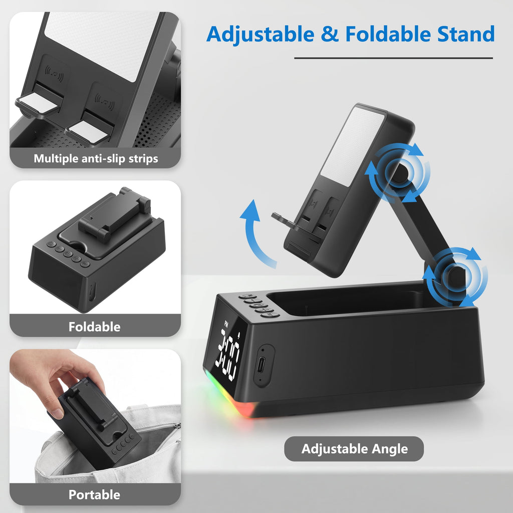 Wireless Induction Bluetooth Speaker, Phone Stand Speaker with Digital Clock & RGB Light, HD Stereo Sound, Foldable Cell Phone Stand for IPhone Android IPad, Tech Gadget Gifts for Men Women Teens