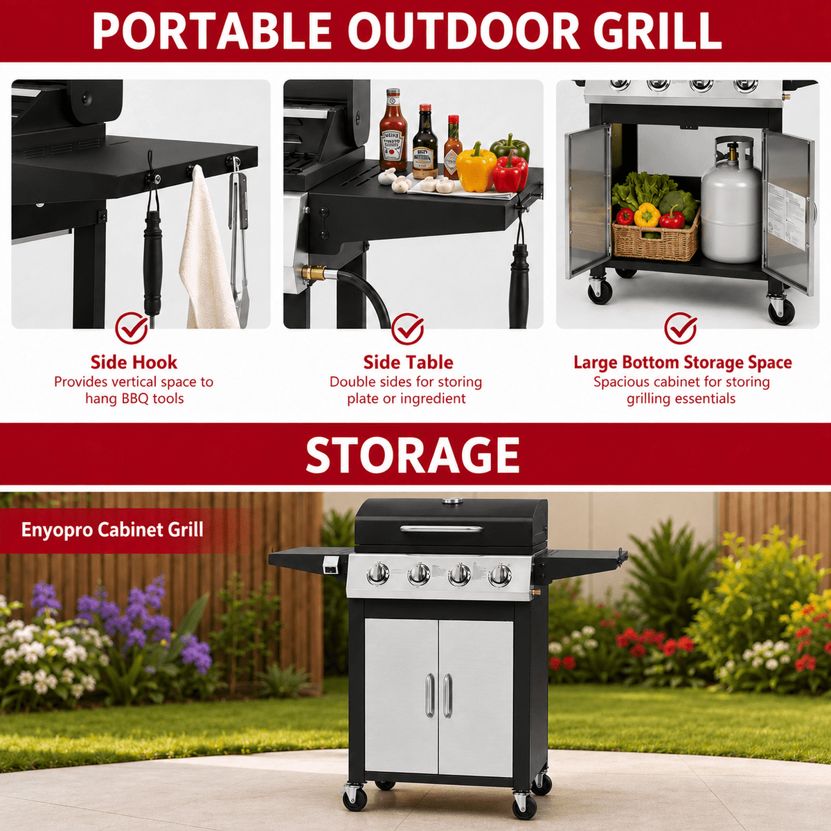 4 Burner BBQ Propane Gas Grill, Stainless Steel 40,000 BTU Patio Garden Barbecue Grill with Side Tables, Built-in Thermometer, 4 Universal Wheels for Outdoor Cooking Patio Backyard