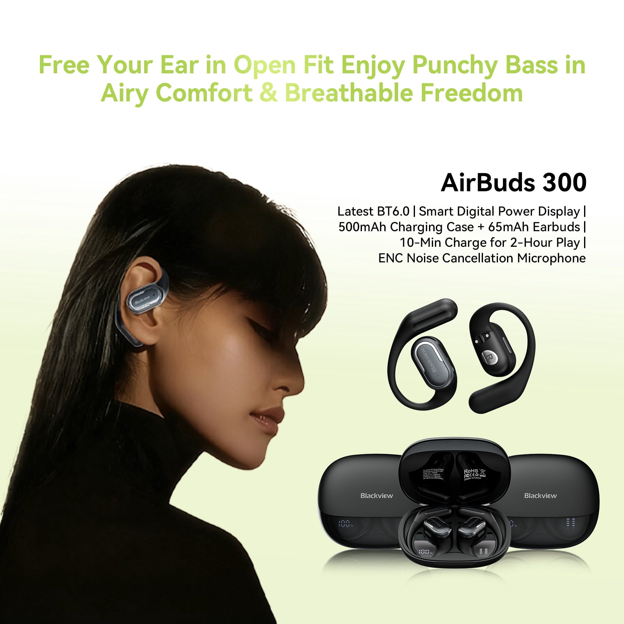 Blackview AirBuds 300 Open Ear Headphones - 28Hrs Digital Display Open-Ear True Wireless Earbuds,Bluetooth 6.0,IPX5 Waterproof & Pro-Level Sound for Active Lifestyles