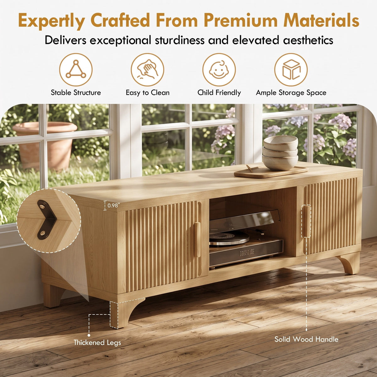 70" Wood Entertainment Center with Storage Fluted Doors, Cable Management, Holds Up to 800 lbs Mid-Century TV Stand for Living Room