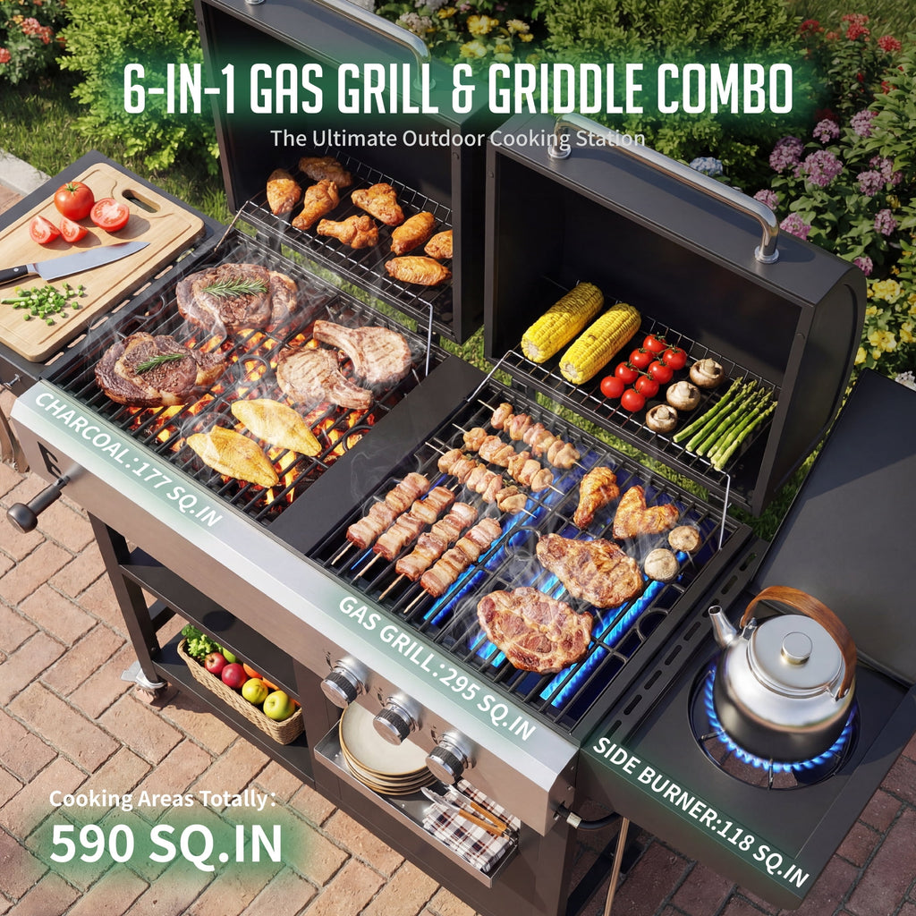 3-Burner Gas and Charcoal Grill Combo, Dual Fuel 54,000 BTU BBQ Propane Grill with Side Burner for Backyard BBQ, Outdoor Cooking & Camping
