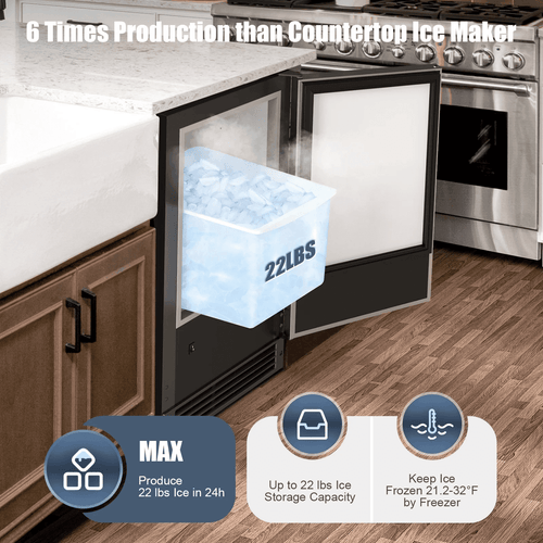 15" Drainless Undercounter Ice Maker, 22 lbs/24H Crescent Ice Machine, 22 lbs Storage Bin, No Drain Needed, Reversible Door, ETL