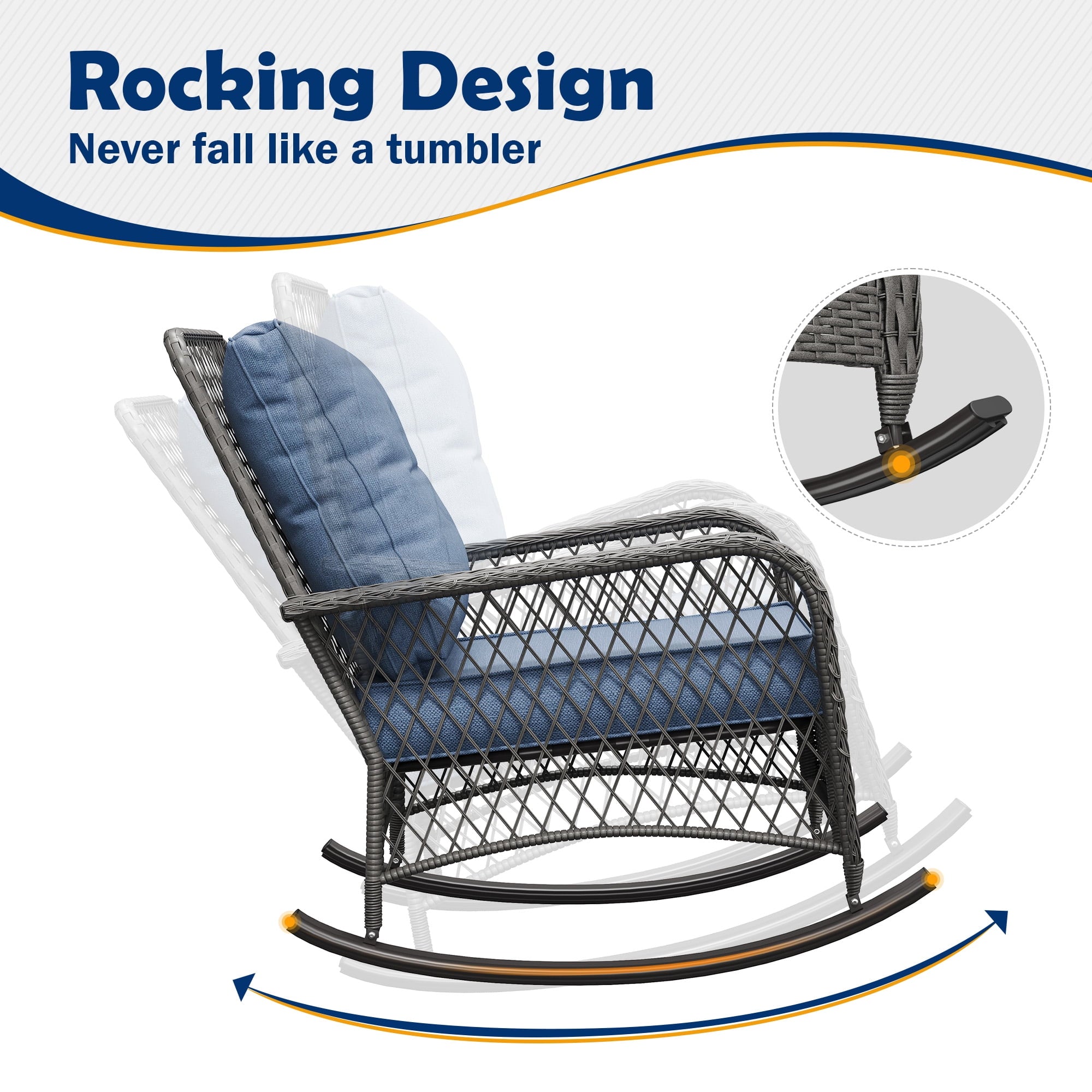 MRUAKA Outdoor Rocking Chairs Set of 3, Wicker Patio Furniture with Thickened Cushions and Table for Porch，350lbs Weight Capacity(Blue)