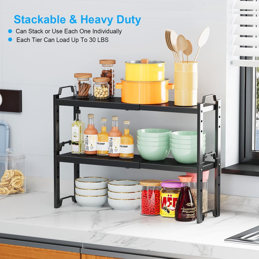 Expandable Cabinet Organizer Shelves 2 Pack, Stackable Kitchen Pantry Storage Rack, Adjustable Cupboard Shelf, Extends from Compact to 20.5"