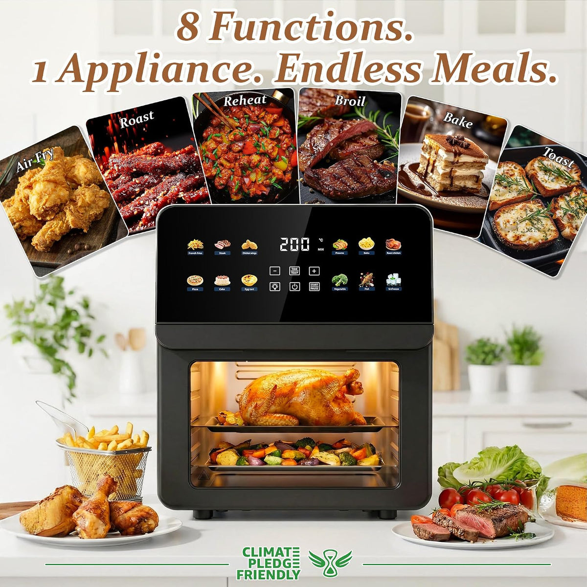 12.7QT Air Fryer Oven, 1700W Digital Air Fryer with 12 Preset Cooking Functions, Touchscreen Control, Visible Window, Color Display, Black