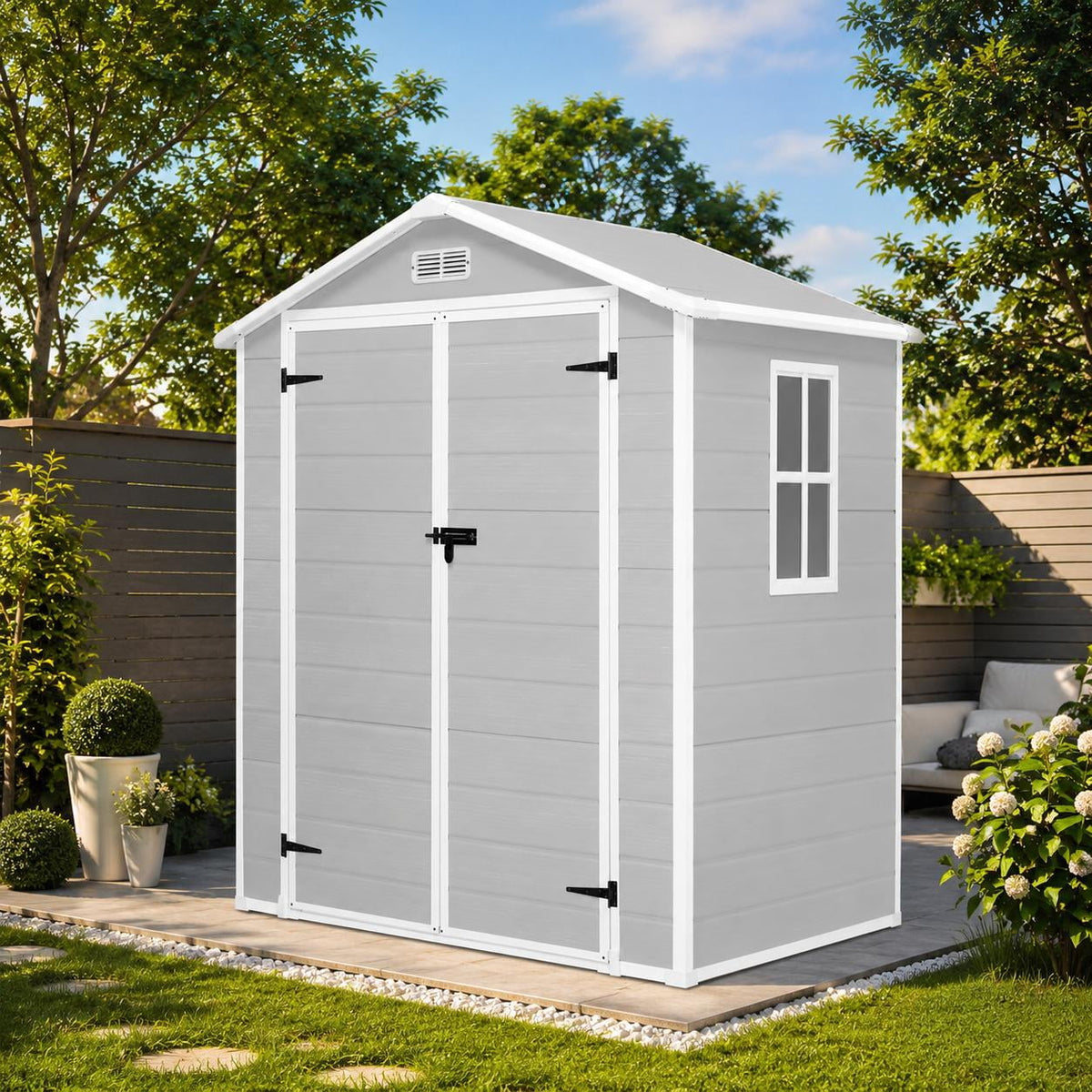 6x4 FT Resin Outdoor Storage Shed with Floor, Plastic Garden Shed with Double Doors, Window & Ventilation, Sloped Roof for Backyard, Garden, Patio & Lawn Equipment, Light Gray