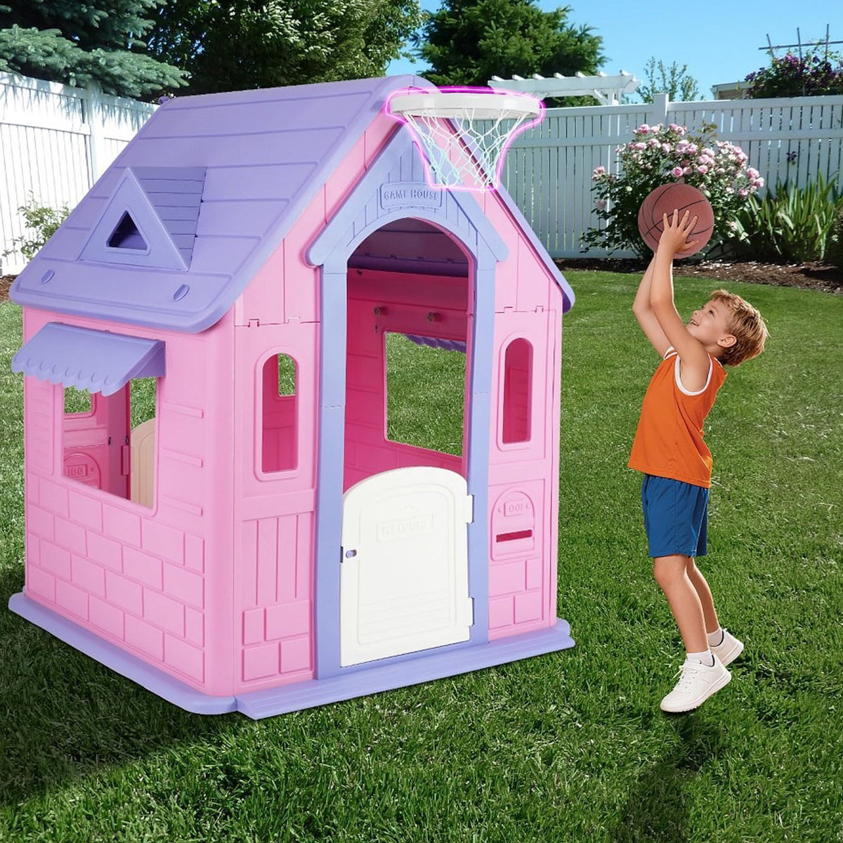 Playhouse for Kids,Kids Playhouse with Basketball Ring Toss Play and DIY Stickers, Activity Center Game House for Indoor Outdoor,Gift for Girls Boys