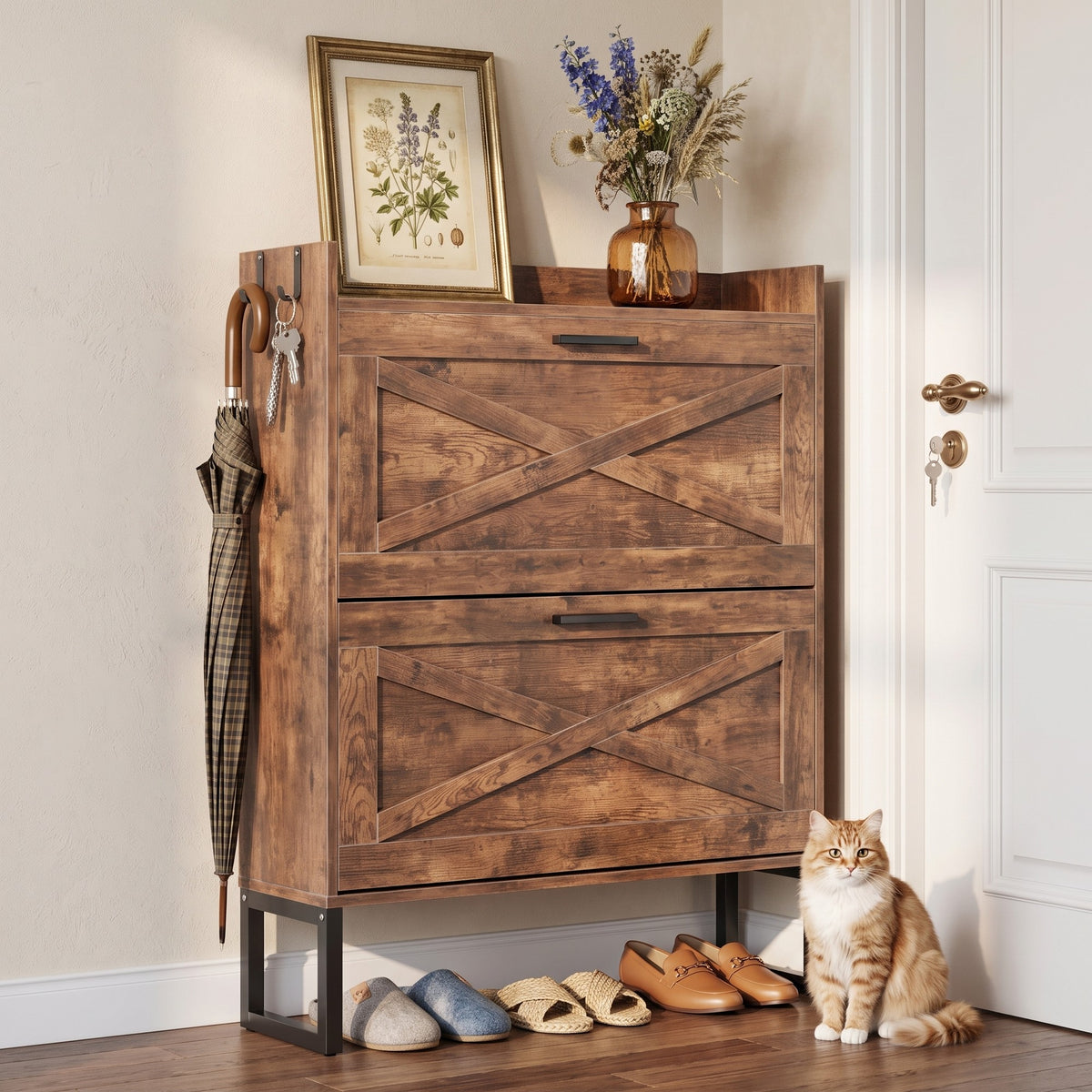 Flip-Door Shoe Cabinet for Entryway, Holds 32 Pairs, Adjustable Shelves, Farmhouse Burnt Wood Finish, 39" Tall