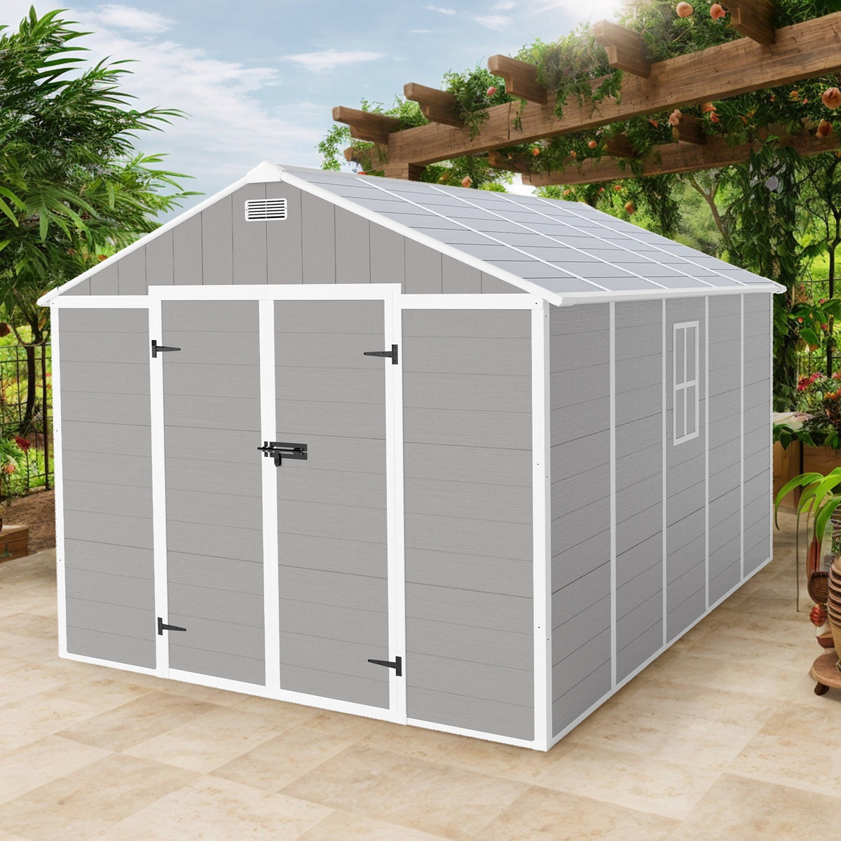 Resin Shed, Outdoor Storage Shed 7.5x10.3FT Extra Large, Outside Garden Shed for Lawn Mover Bike Tool, w/Double Doors, Air Vents, Double Windows, PP Floor