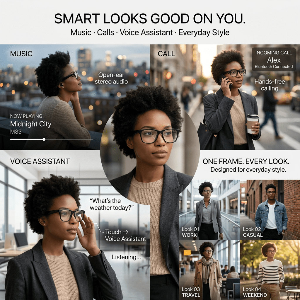 Open Ear Bluetooth Smart Glasses Audio Sunglasses with Touch Control Stereo Sound Hands Free Calls Voice Assistant Extended Standby for Sports Cycling Outdoor Gift