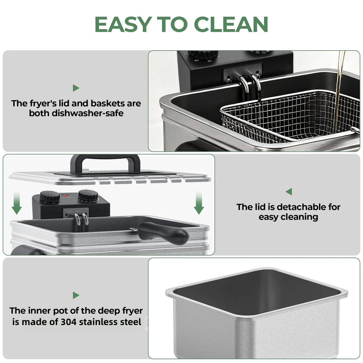 Electric Deep Fryer with 3 Fry Basket, 5.3Qt 1800W 304 Stainless Steel Deep Fryer, Adjustable Temperature Control, Viewing Window, Removable Oil Tank for Home Kitchen,Silver