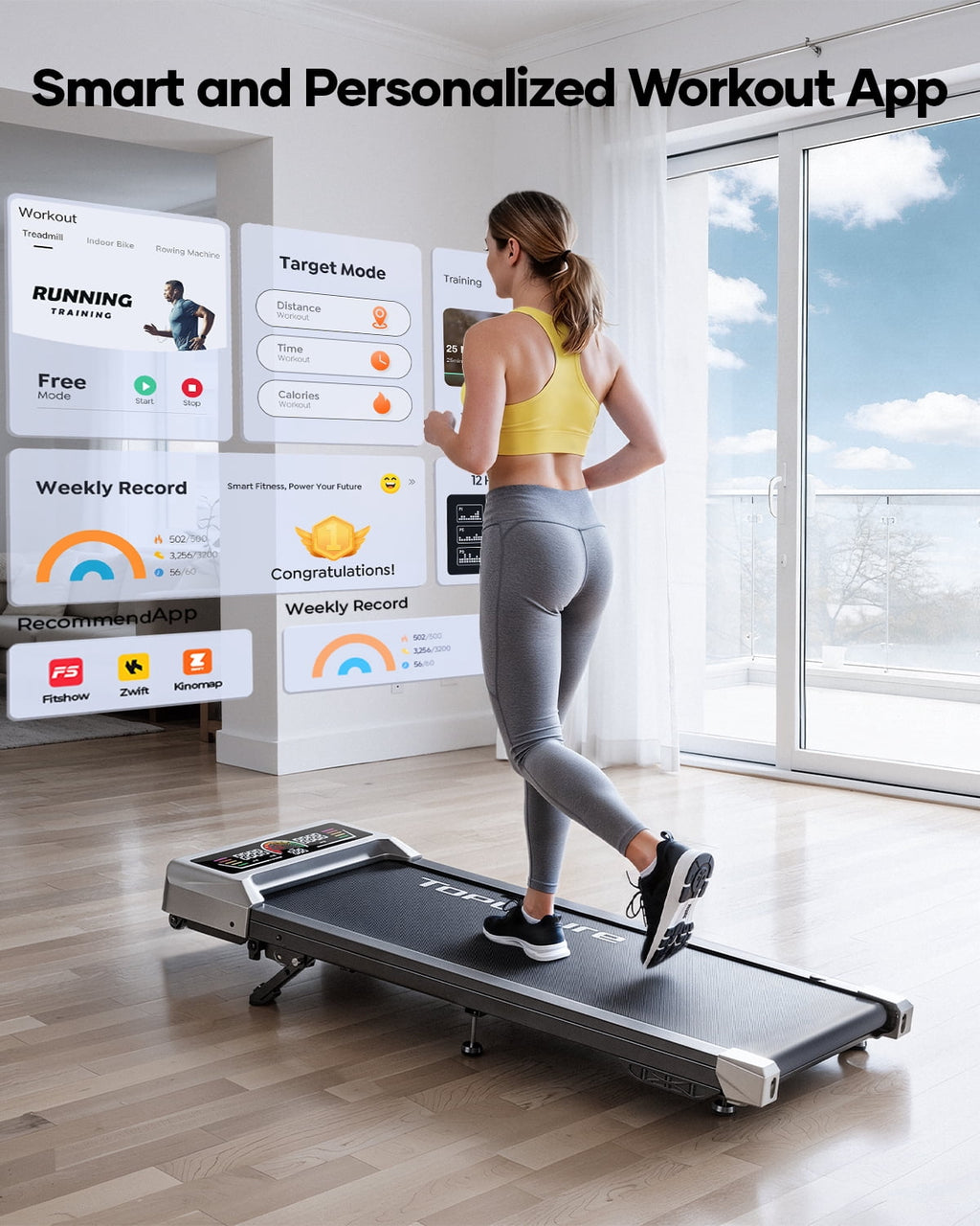 Toputure Walking Pad with 3-Level Manual Incline, Bluetooth APP, 12 Workout Programs, LED Display, Compact Under Desk Treadmill for Home & Office