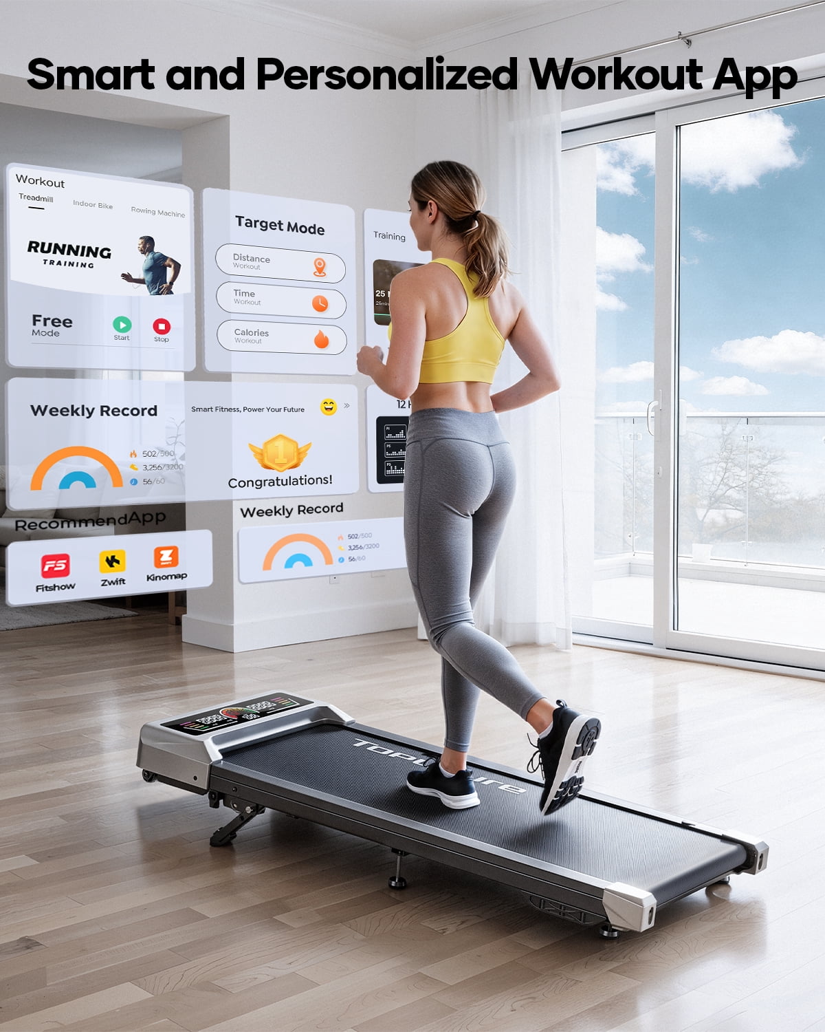 Toputure Walking Pad with 3-Level Manual Incline, Bluetooth APP, 12 Workout Programs, LED Display, Compact Under Desk Treadmill for Home & Office