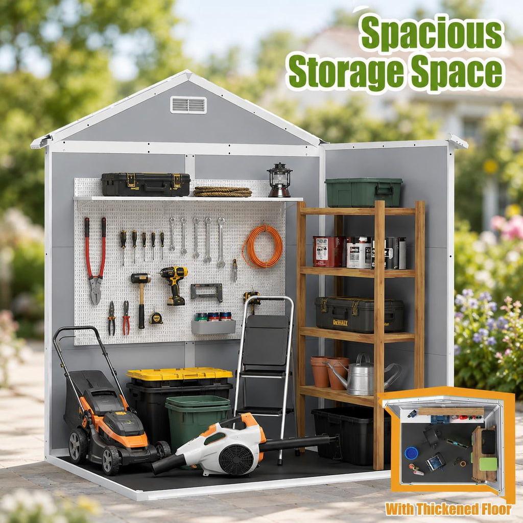 6x4 FT Resin Outdoor Storage Shed with Floor, Plastic Garden Shed with Double Doors, Window & Ventilation, Sloped Roof for Backyard, Garden, Patio & Lawn Equipment, Light Gray