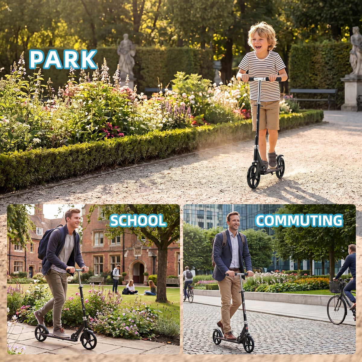 Kick Scooter with 3 Adjustable Levels,Folding Commuter Scooter 8 Inch Big Wheels for Teens & Adults,Black