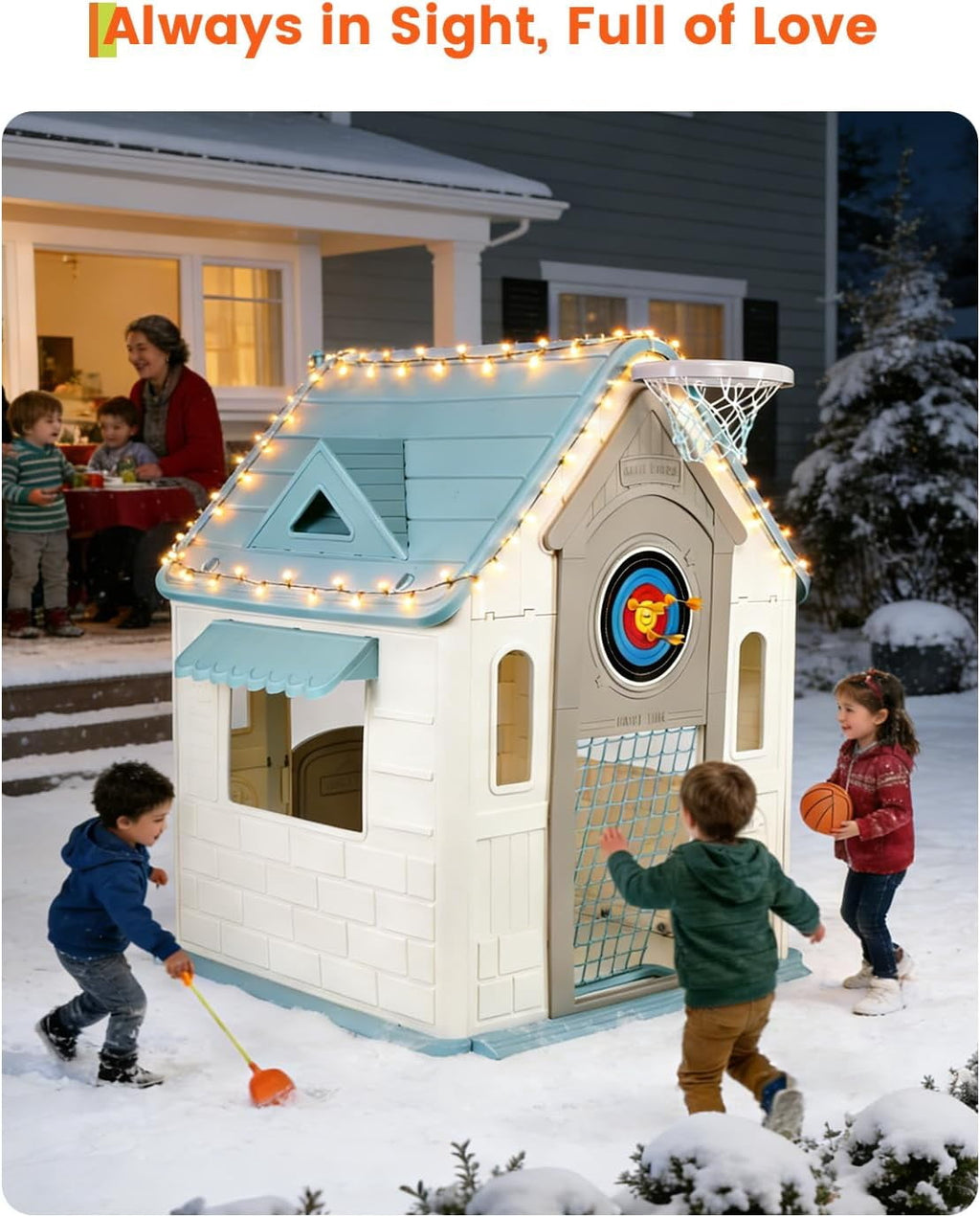 Playhouse with Basketball Hoop, Soccer Goal, Dartboard and Ring Toss Game, Indoor/Outdoor Toddler Play House with Stickers, for Boys and Girls Ages 6+, Cyan