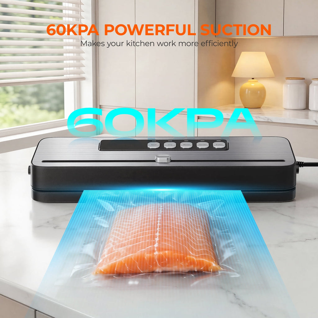 Vacuum Sealer Machine for Food with 20 Bags,60KPa Automatic Air Sealing Food Saver with Dry and Moist Food Modes,Led Indicator Lights, Easy to Clean, Compact Design