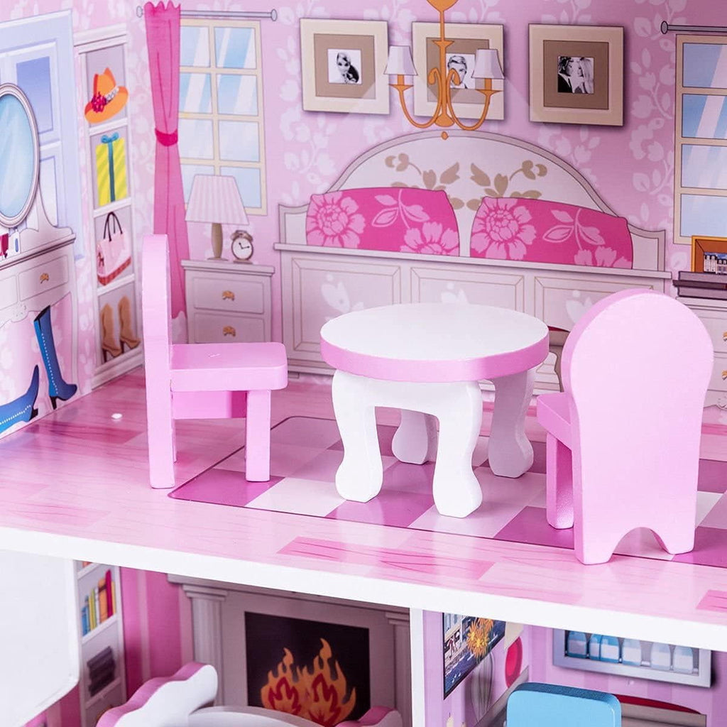 Wooden Dollhouse with warm LED Lights, 3-Story Pretend Play Doll House with 16 Furniture & Accessories, DIY Princess Playhouse, Creative Gift for Girls