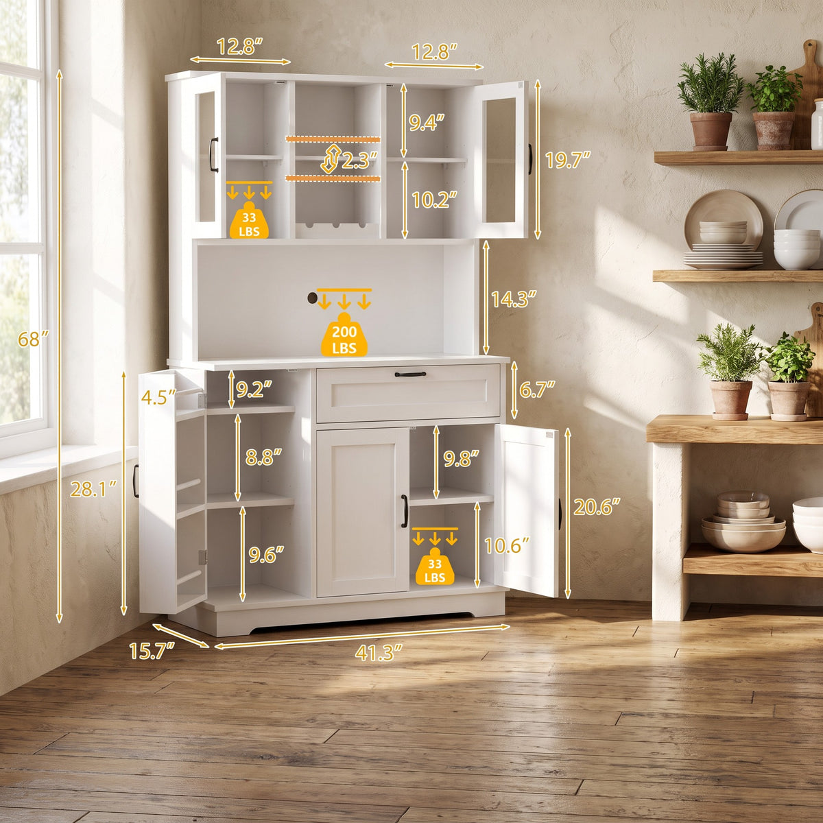 68" Farmhouse Kitchen Pantry Storage Cabinet with Doors, Shelves & Wine Rack, 7-Compartment Tall Hutch, White