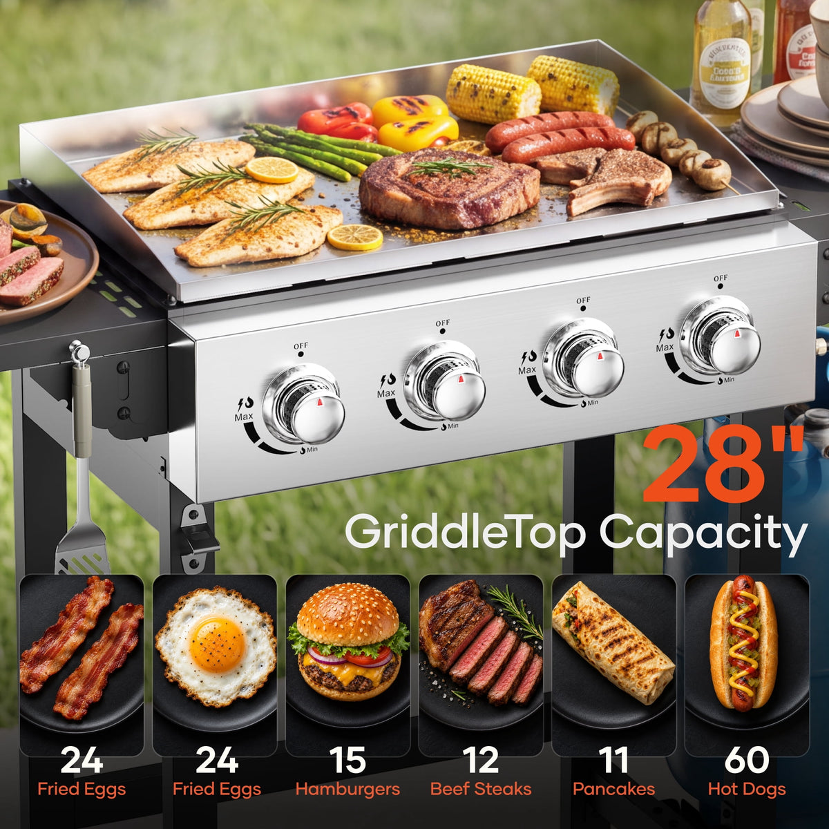 4-Burner Propane Gas Griddle with Stainless Steel Pan,42,000 BTU Flat Top BBQ Grill with Two Foldable Shelves and Griddle Cover for Outdoor Camping Patio