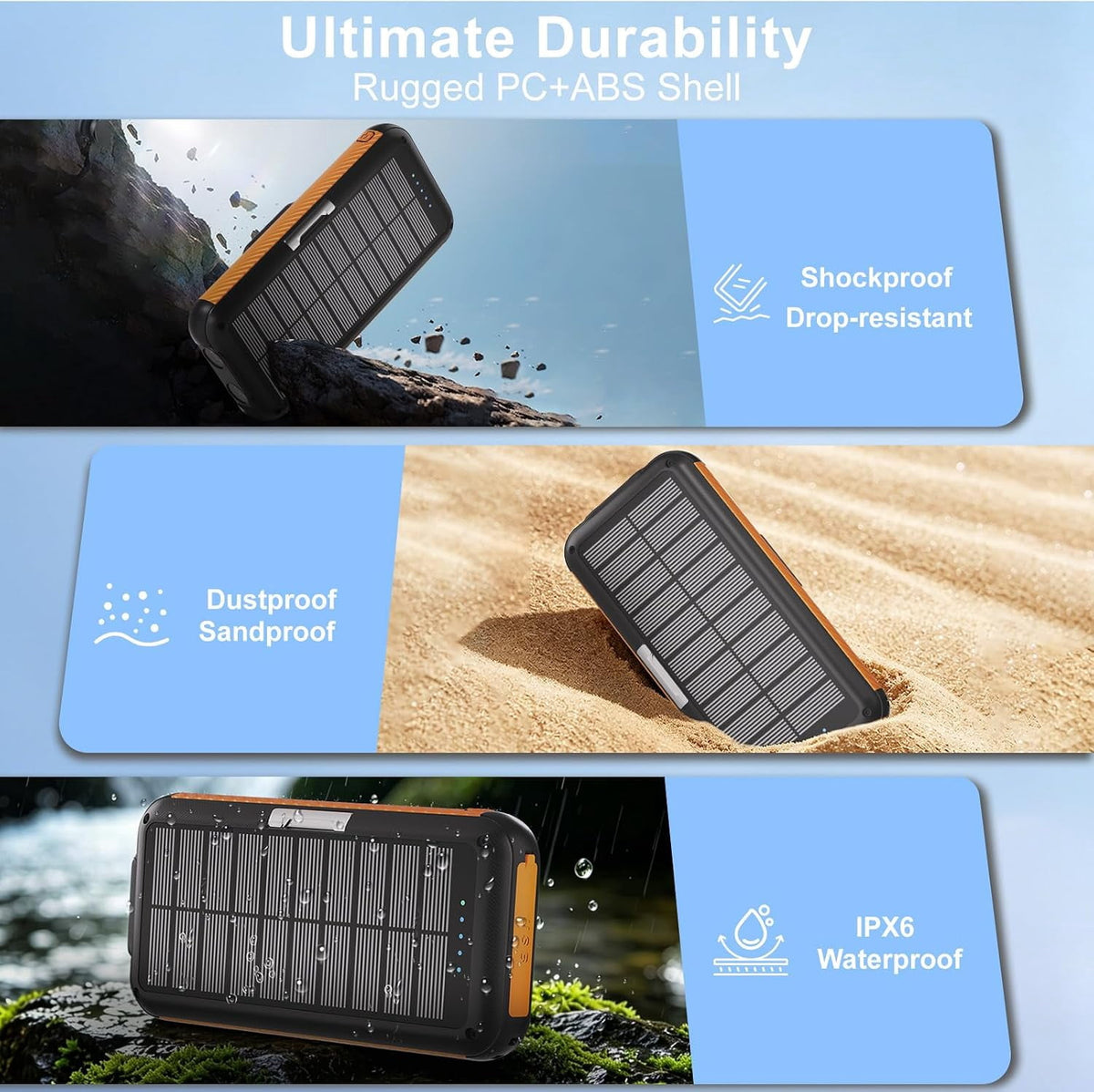 38800mAh Solar Power Bank, 22.5W Fast Charging Portable Charger for iPhone/Android, Solar Charger with Built‑in Cables & Dual Flashlight for Outdoor Camping Hiking(Orange)