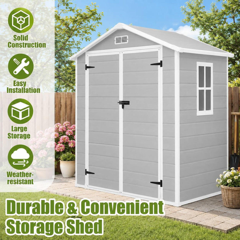6x4 FT Resin Outdoor Storage Shed with Floor, Plastic Garden Shed with Double Doors, Window & Ventilation, Sloped Roof for Backyard, Garden, Patio & Lawn Equipment, Light Gray