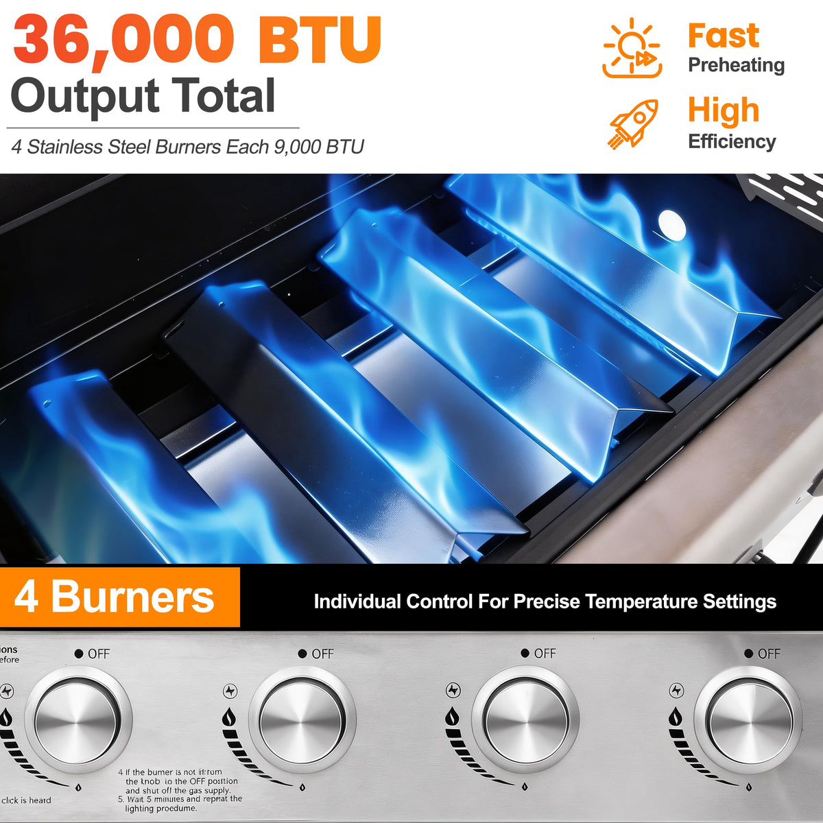 4-Burner Propane Gas Grill, 36000 BTU Stainless Steel BBQ Grill