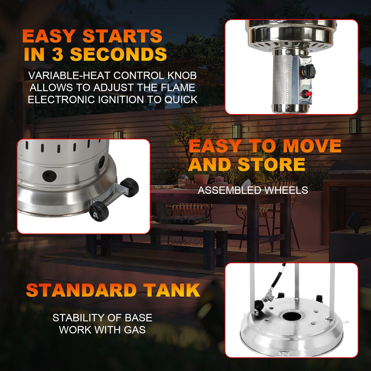 50,000 BTU Propane Patio Heater, Outdoor Standing Heater, Silver