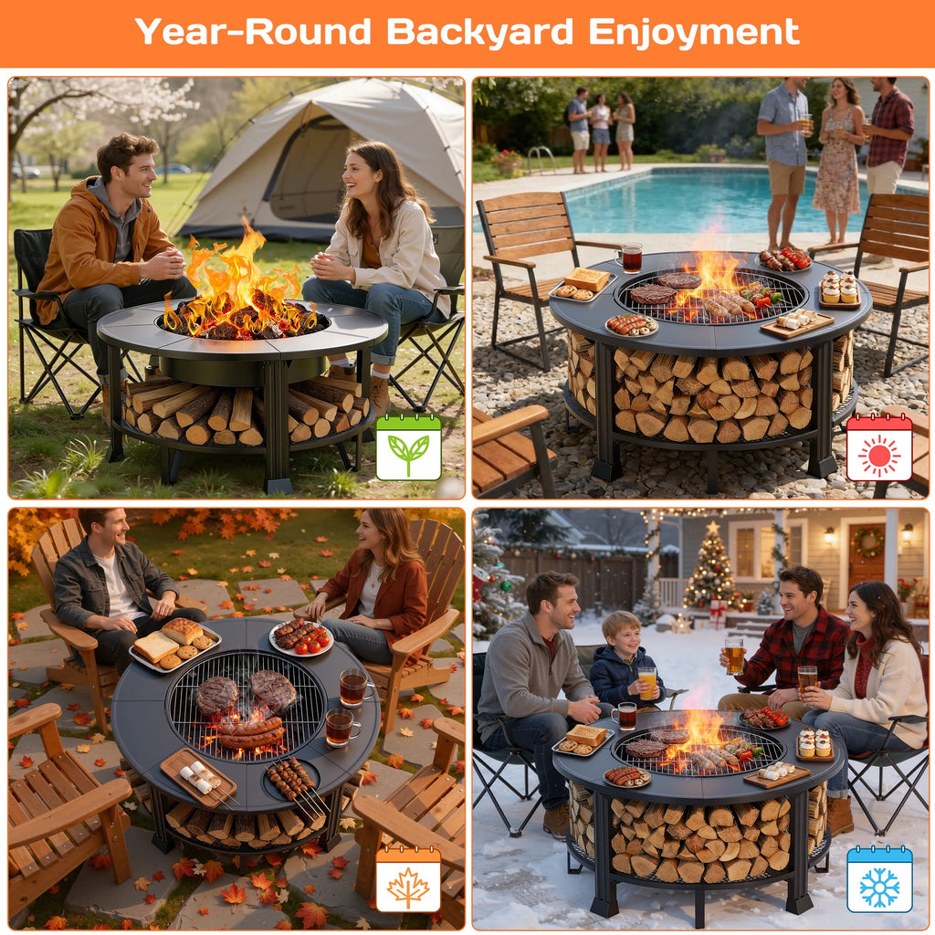38" Fire Pits for Outside, SEGMART Outdoor Fire Pit, Round Wood Burning Fire Pit with Grill, Poker, Waterproof Cover, Fire Pit Table for Patio BBQ, Backyard Fire Pit, Firepit for Outside Patio, Black