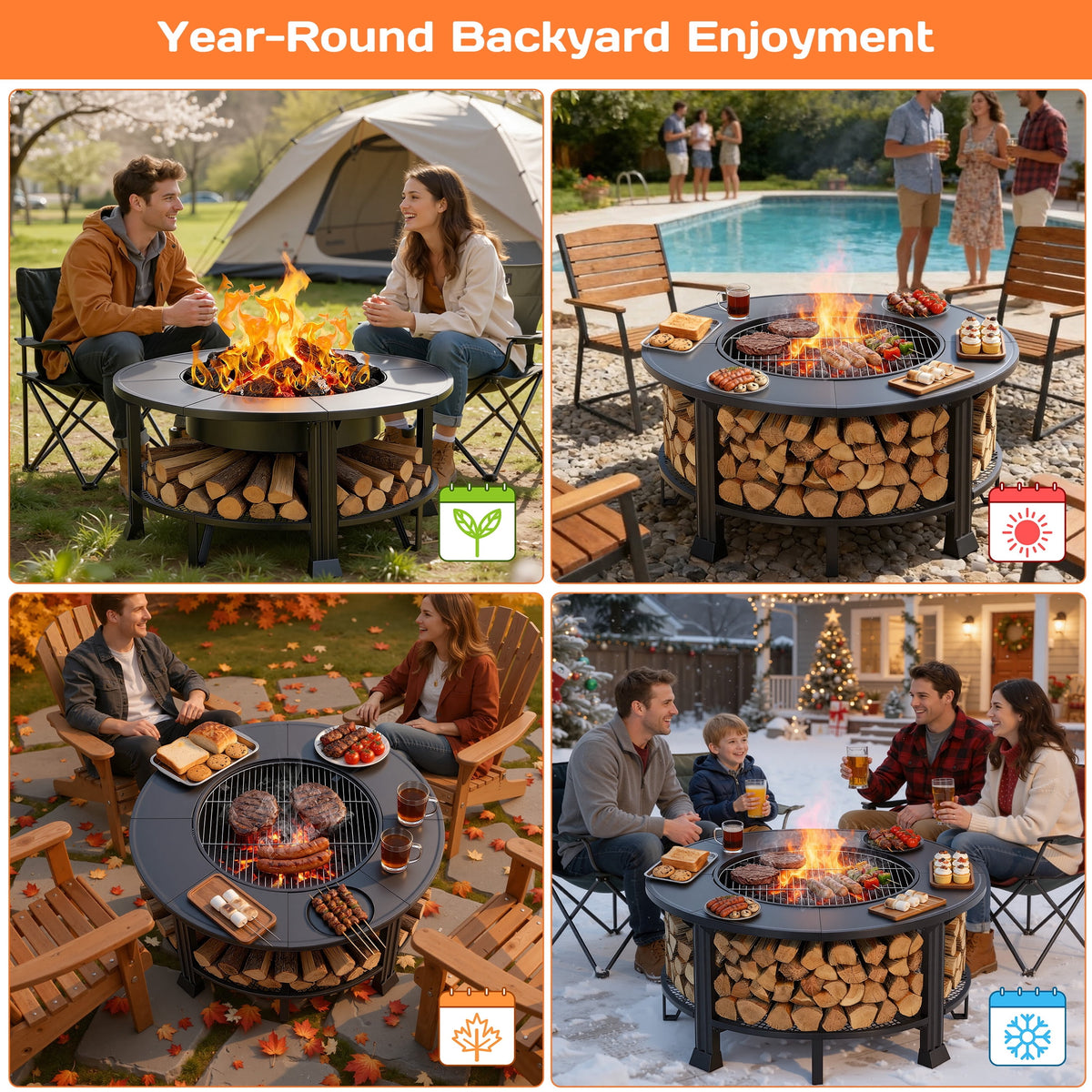 38" Fire Pits for Outside, SEGMART Outdoor Fire Pit, Round Wood Burning Fire Pit with Grill, Poker, Waterproof Cover, Fire Pit Table for Patio BBQ, Backyard Fire Pit, Firepit for Outside Patio, Black