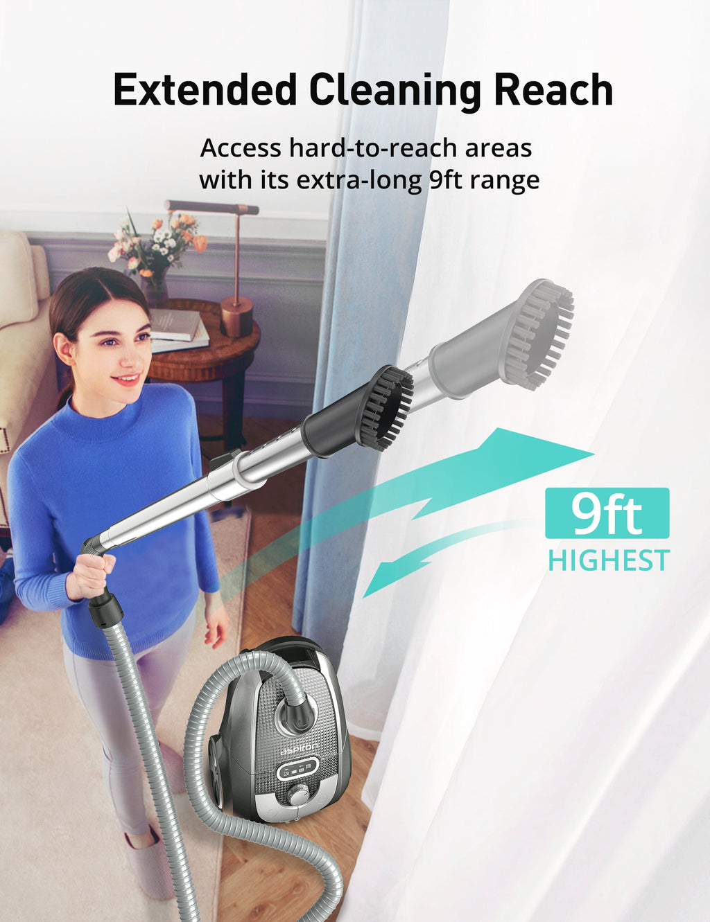 Canister Vacuum Cleaner, 1600W 40Kpa Canister Bagged Vacuum, 4QT, H13 HEPA Filter, 5 Tools, Variable Power Control, for Carpets, Hardwood Floors, Stairs, Pet Hair, Household, Car