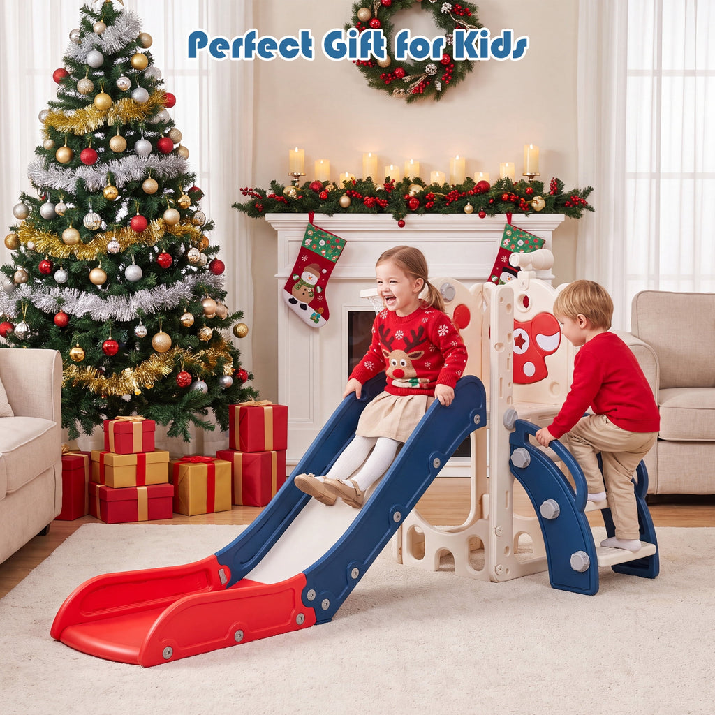 7-in-1 Toddler Slide with Climber and Basketball Hoop, Foldable Indoor Outdoor Kids Slide Playset with Golf Set