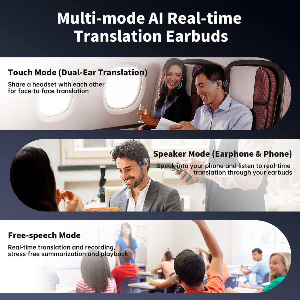 AI Translation Earbuds Real Time, 144 Languages Translator Earbuds, 3-in-1 Wireless Bluetooth Open-Ear Headphones with App for iOS & Android, Travel, Business & Language Learning