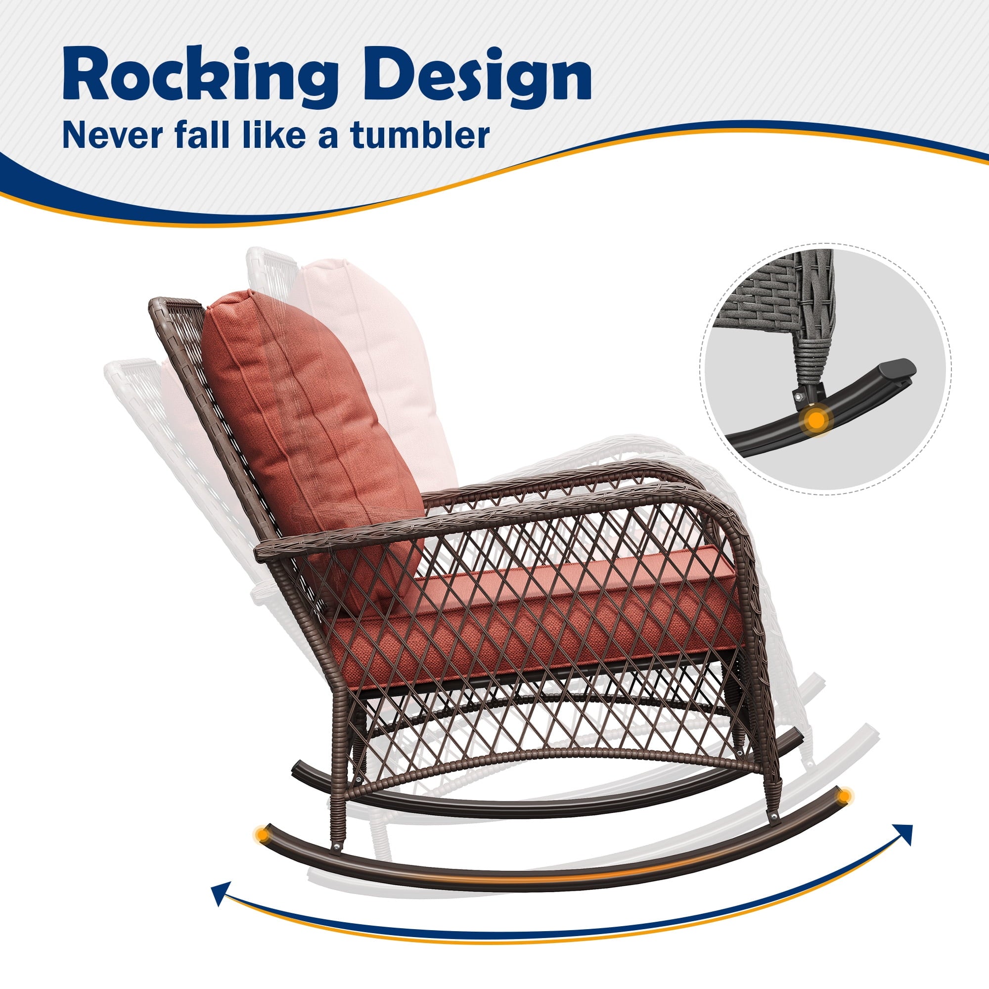 Outdoor Rocking Chairs Set of 3, Wicker Patio Furniture with Thickened Cushions and Table for Porch，350lbs Weight Capacity(Red)
