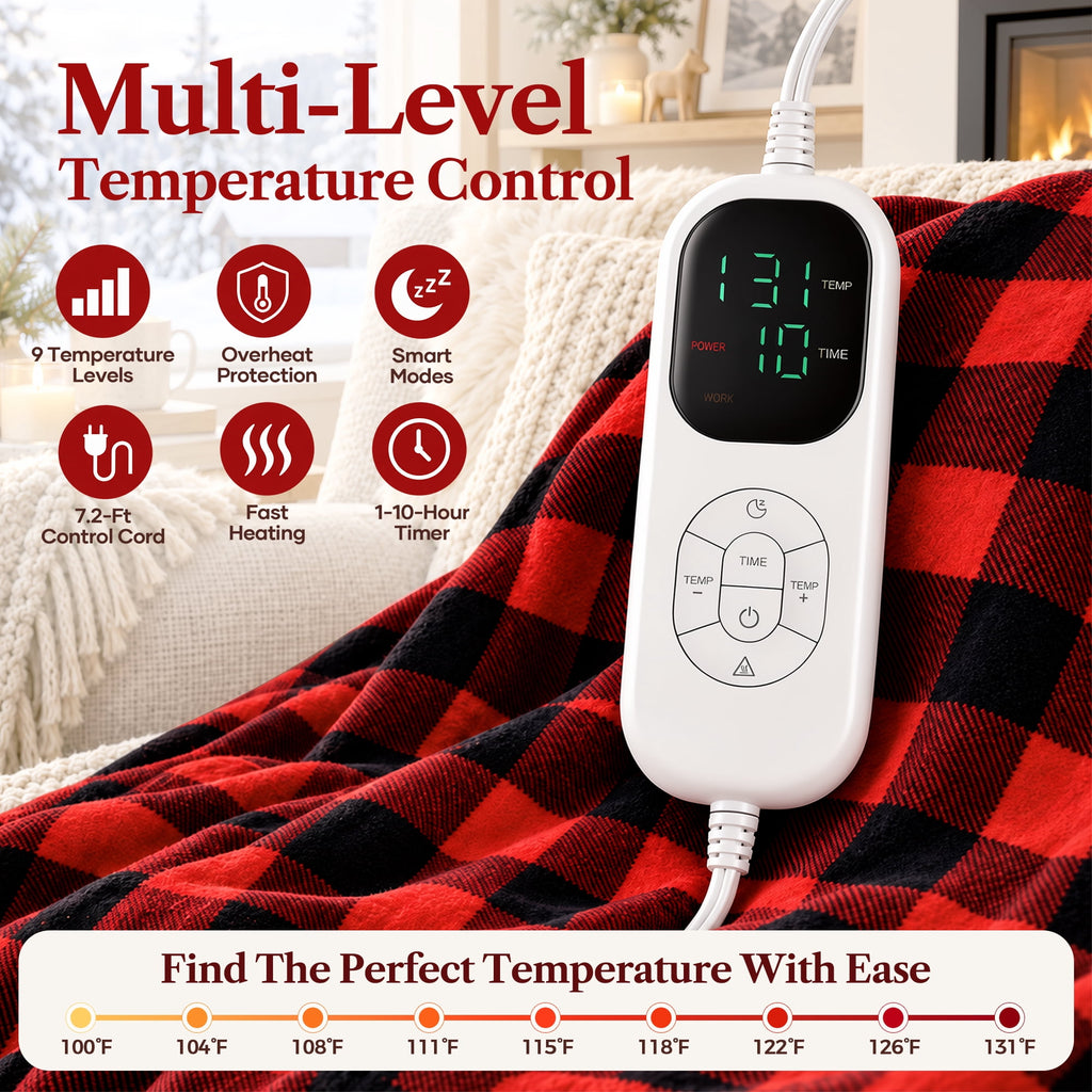 Biotree Wearable Heated Blanket with Waistband, Foot Pocket and Detachable Hood - Electric Plaid Throw Blanket with 6 Heat Levels and 1-12H Auto Timer Settings -50 x 70 inch,Red
