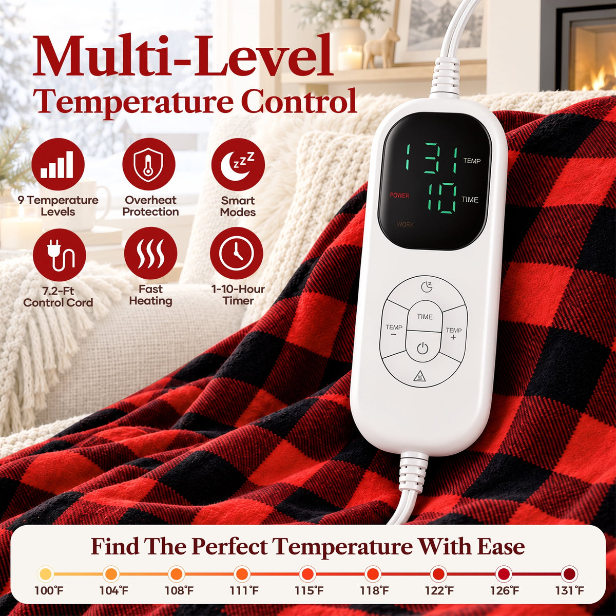 Biotree Wearable Heated Blanket with Waistband, Foot Pocket and Detachable Hood - Electric Plaid Throw Blanket with 6 Heat Levels and 1-12H Auto Timer Settings -50 x 70 inch,Red