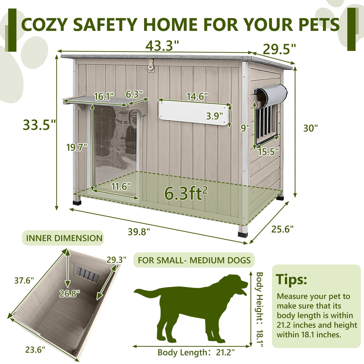 43-Inch Wooden Outdoor Dog House with Openable Roof and Removable Floor, Gray