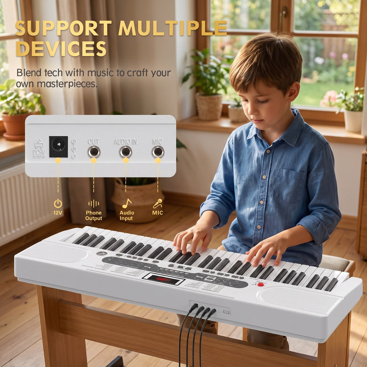 61 Key Lighted Keyboard Piano for Beginners with Stand, Bench, Microphone, Headphone & Built-In Speakers – White Electric Piano