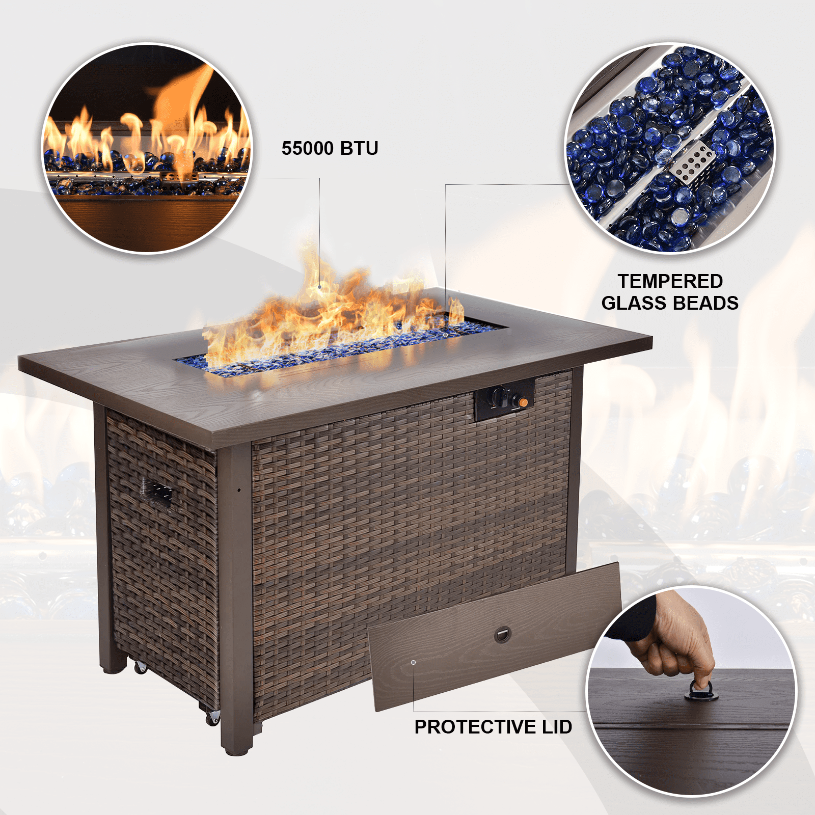 TANGJEAMER42" 55,000 BTU Outdoor Propane Fire Pit Table with Tempered Glass Beads – Hand-Woven Rattan Design with Pull-Out Drawer & Protective Lid
