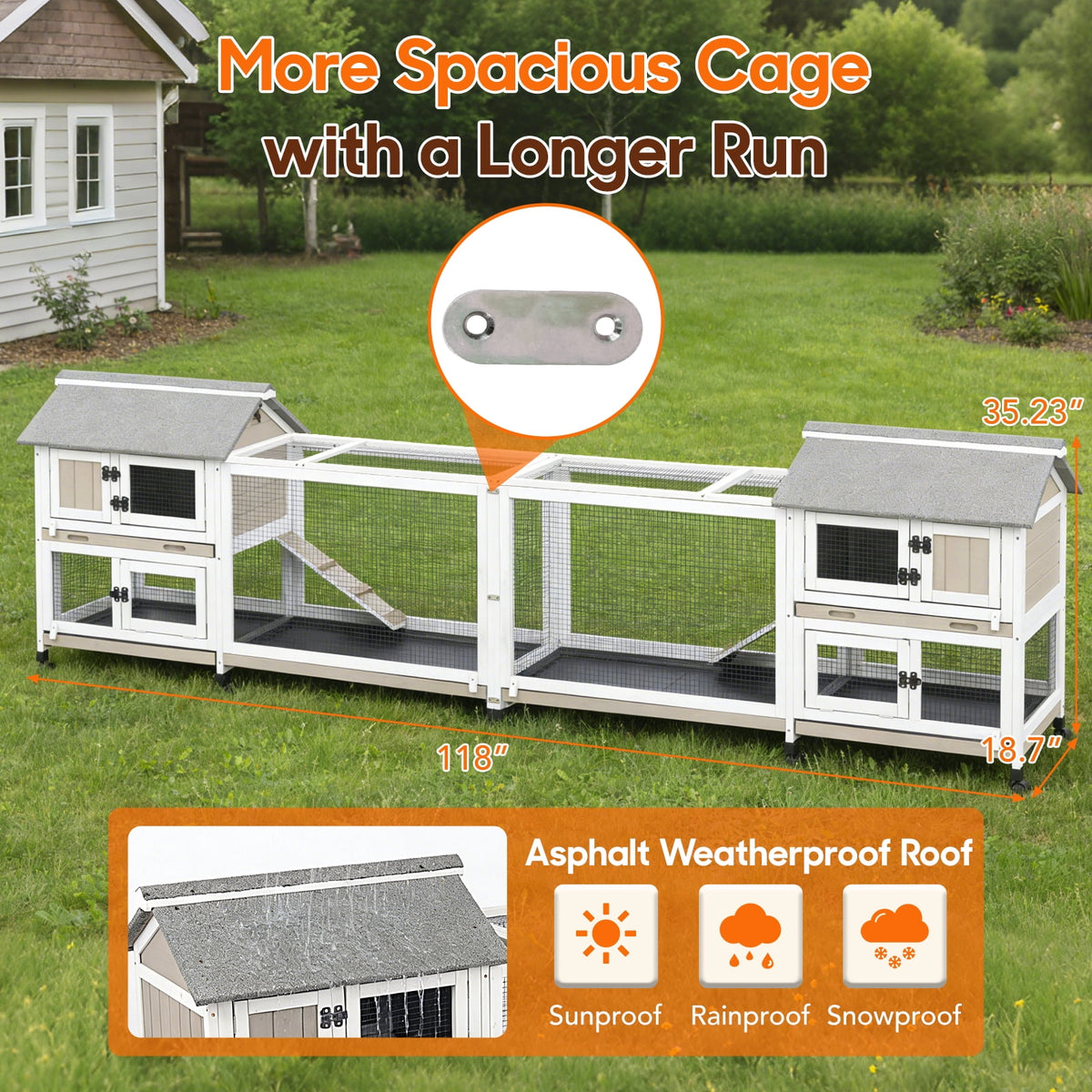 2-Story Rabbit Hutch Indoor Outdoor Wooden Cage with Wheels & 3 Pull-Out Trays
