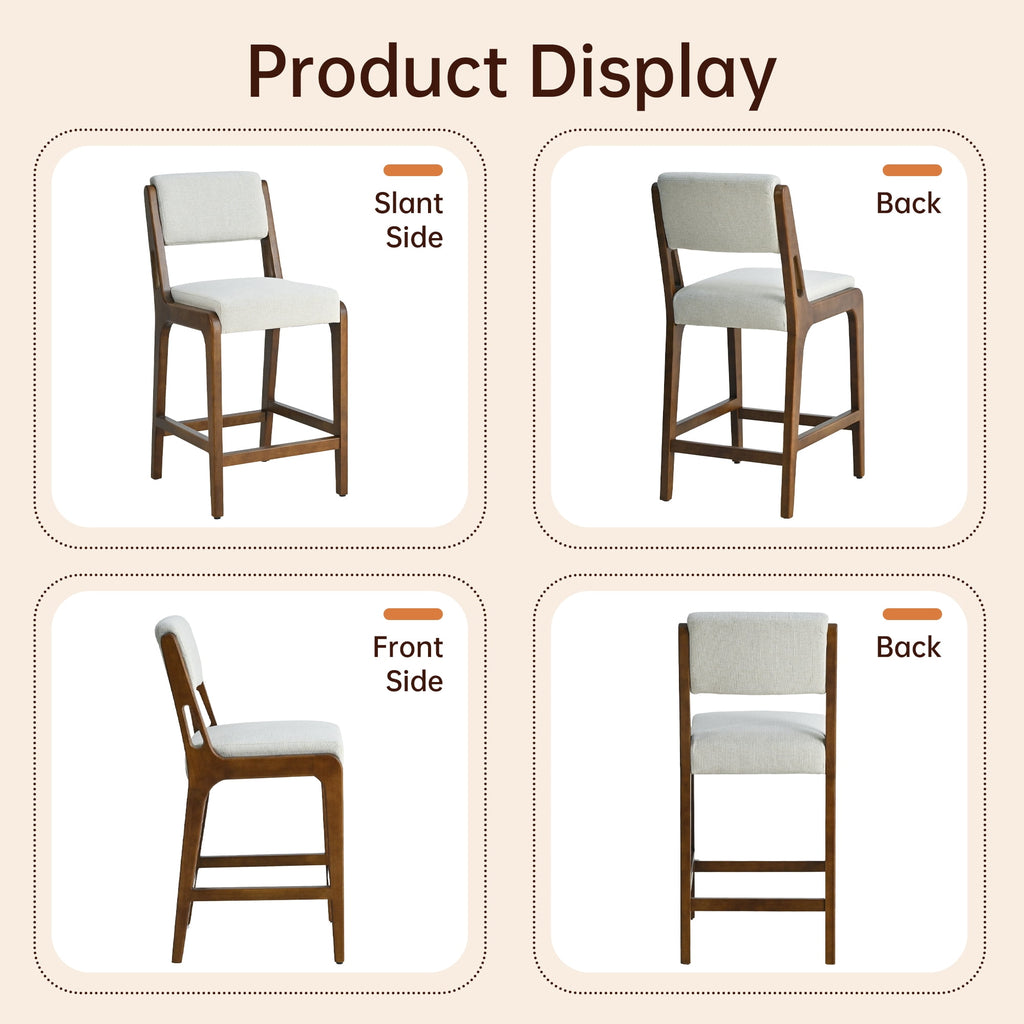 Modern Upholstered Counter Height Bar Stools Set of 2 with Solid Wood Legs and Integrated Footrest for Kitchen Island, Dining Room, Home Bar