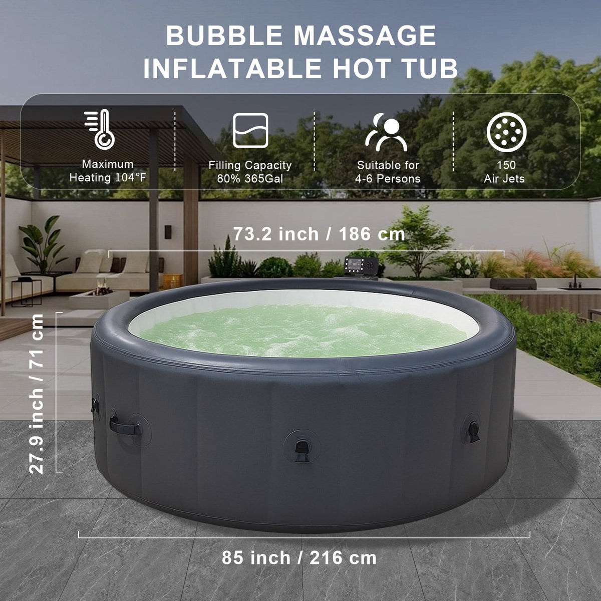 4-6 Person Inflatable Hot Tub, 150 Bubble Jets Portable Round Home Spa Gray