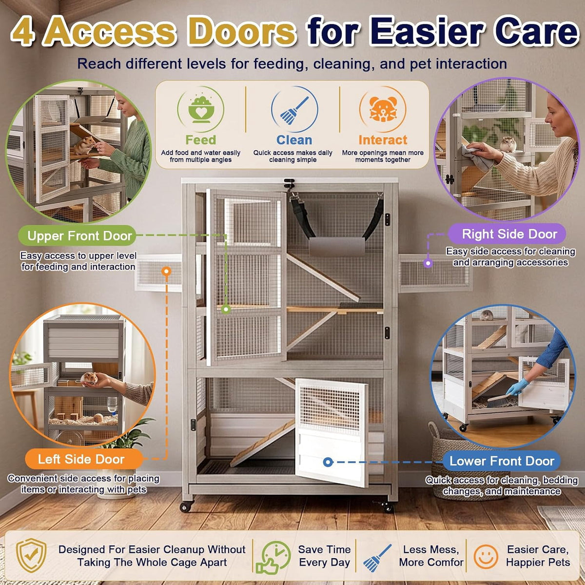 5-Tier Guinea Pig Cages, Wooden Small Animal Habitat with Ramp&Wheels, Outdoor Expandable Cage for Hamsters