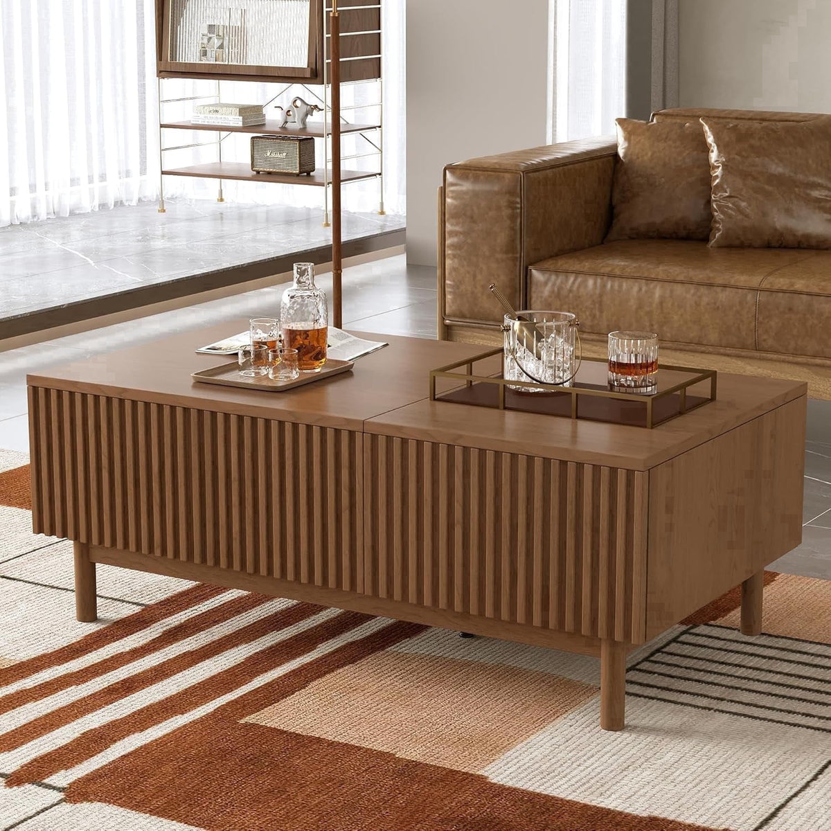 51.1" Mid-Century Modern Lift Top Coffee Table, Walnut Rectangular Center Table with Hidden Storage & Drawers, for Living Room, Apartment, Office