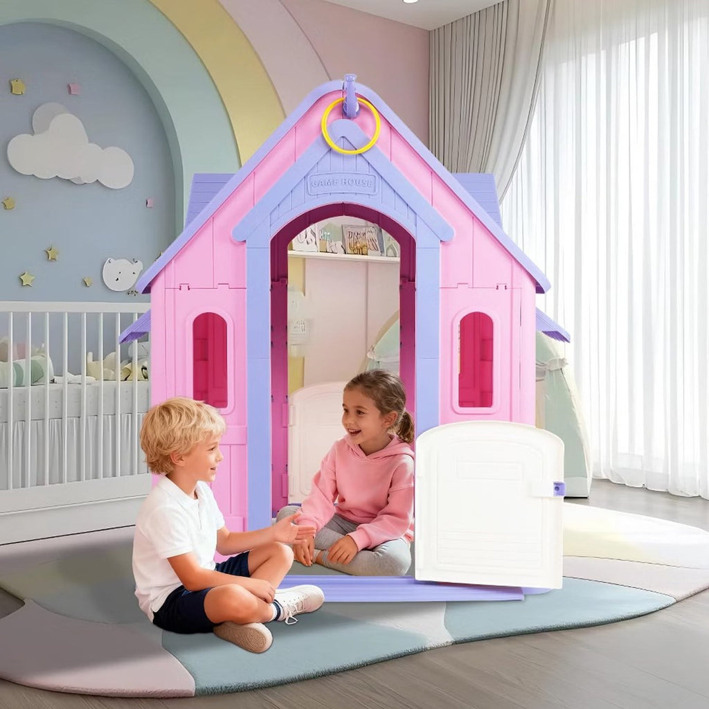 Playhouse for Kids,Kids Playhouse with Basketball Ring Toss Play and DIY Stickers, Activity Center Game House for Indoor Outdoor,Gift for Girls Boys
