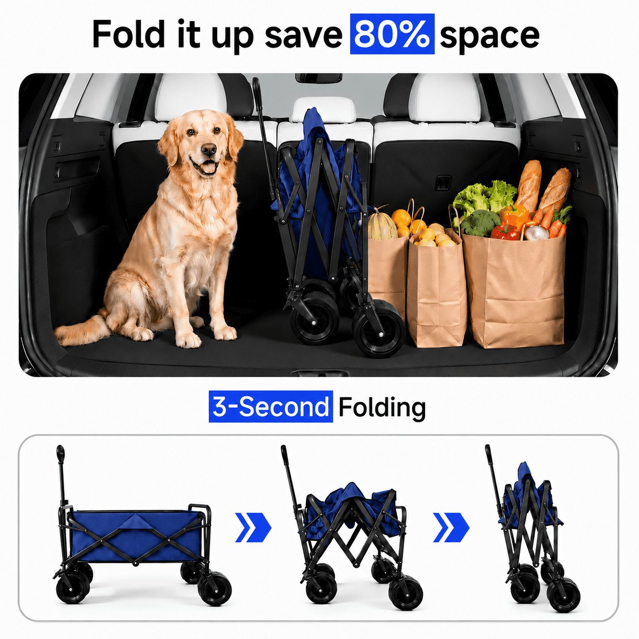 ANSFIL Collapsible Wagon with Wheels, Wagons Carts Foldable Wagon Cart with Flexible Handle, Folding Utility Heavy Duty Wagons Carts for Grocery Shopping Garden，Blue