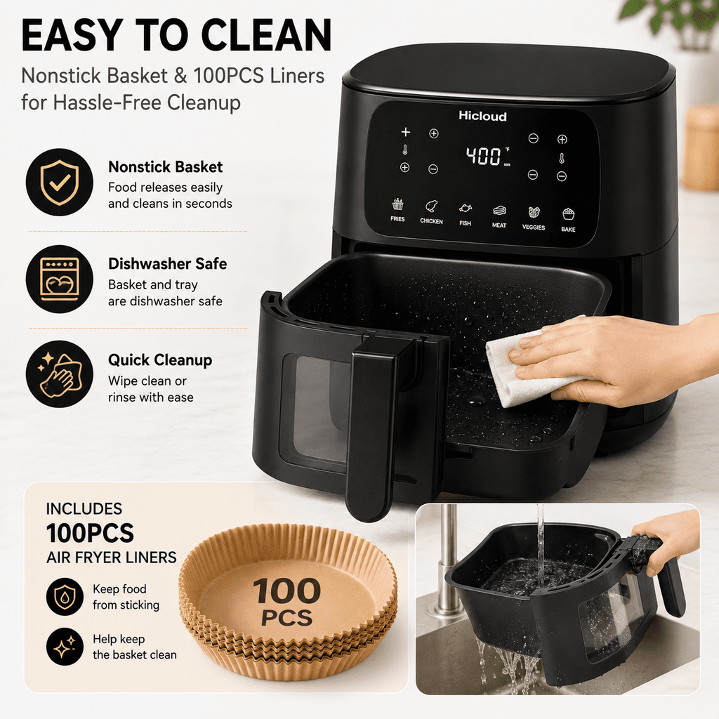 Hicloud 7.5QT Air Fryer, 1600W Large-Capacity Air Fryer with Visible Window, Touchscreen, 6 Cooking Presets, Adjustable Time & Temperature, Nonstick Basket, Black
