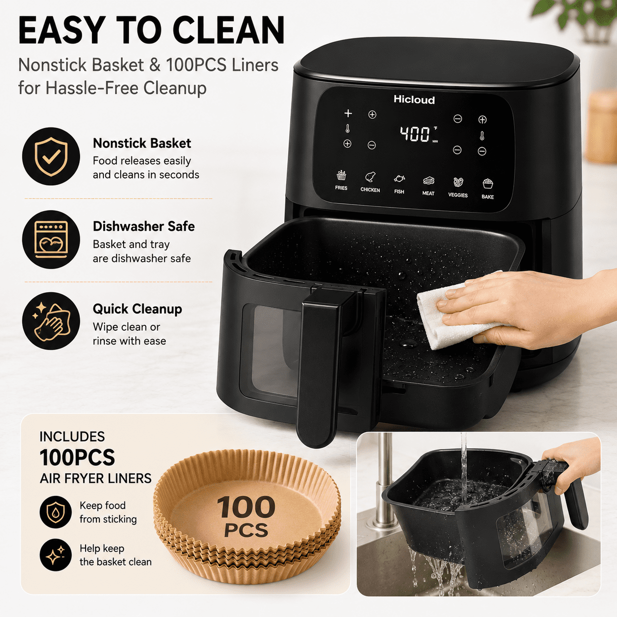 Hicloud 7.5QT Air Fryer, 1600W Large-Capacity Air Fryer with Visible Window, Touchscreen, 6 Cooking Presets, Adjustable Time & Temperature, Nonstick Basket, Black